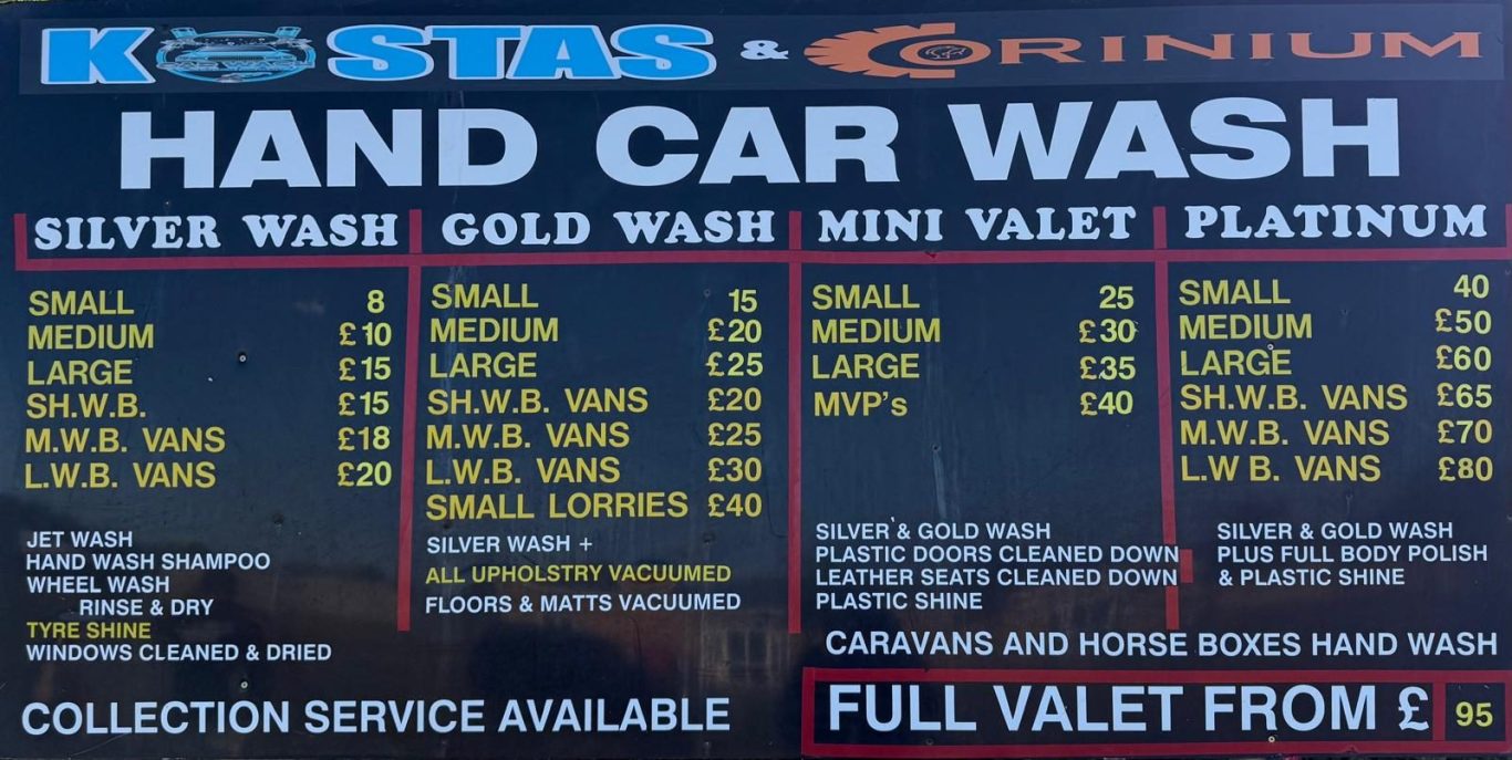price list of valet and hand carwash
